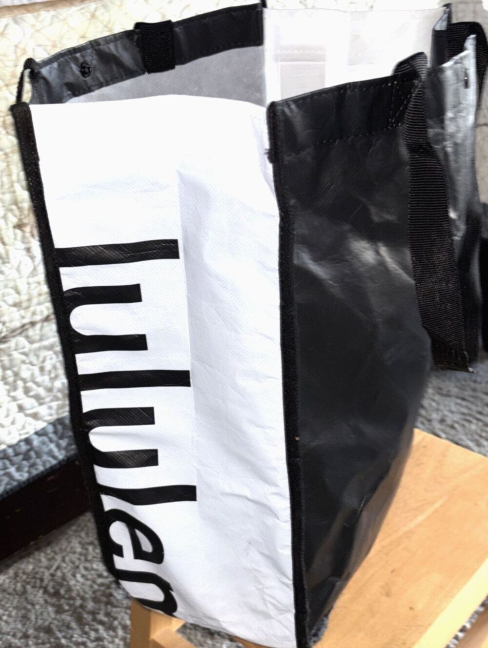 Lululemon Reusable Shopper Tote Bag Large Black White Logo Snap Gym Carryall